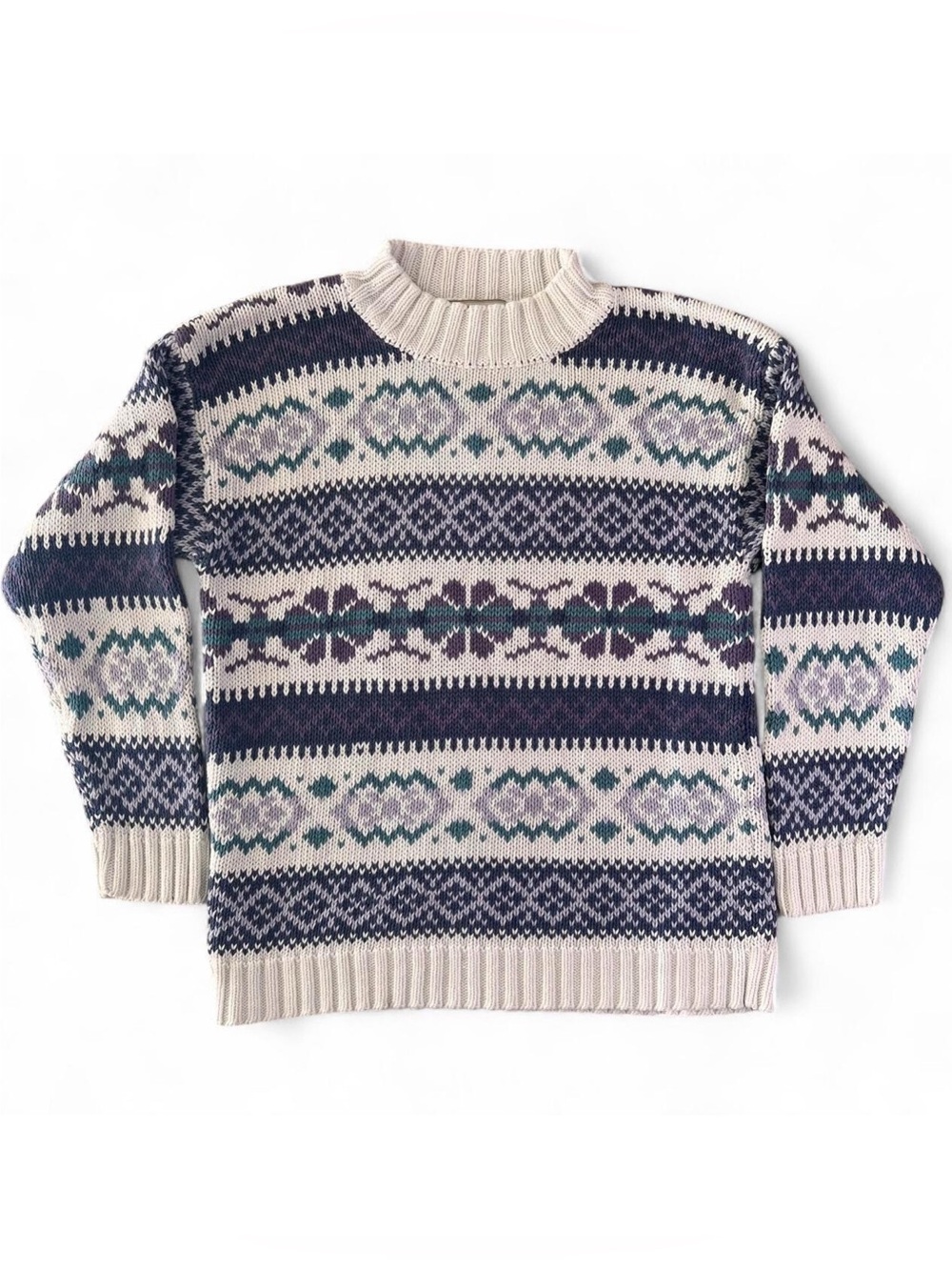 Vintage Woods&Gray Purple Cream Teal Fair Isle Patterned Knit Sweater Juniors L